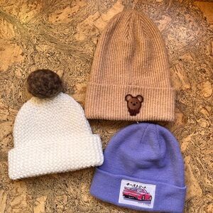 Set of Three Beanies - Tan, White, and Purple